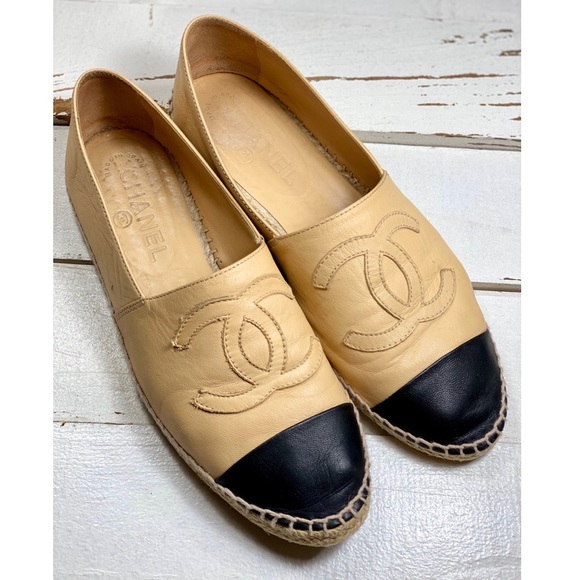 CHANEL Shoes - Chanel Beige & Black Logo Lambskin Espadrilles